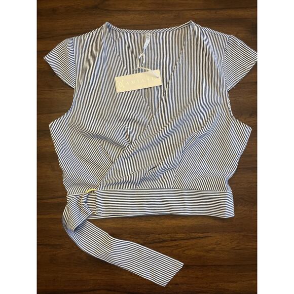NWT Amiani Resort Fashion Cropped Wrap Blouse Blue White Stripe Sz M Euro Vaca - Picture 1 of 10